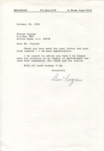 Ben Hogan PGA Masters Golf Champ HOF Rare Signed Autograph Letter JSA