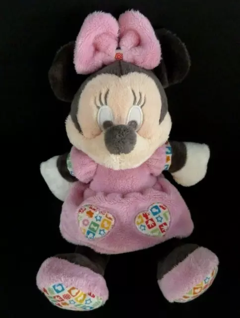 H6. DOUDOU PELUCHE DISNEY NICOTOY MINNIE ROBE ROSE GRIS COEUR GRELOT 26cm- TTBE