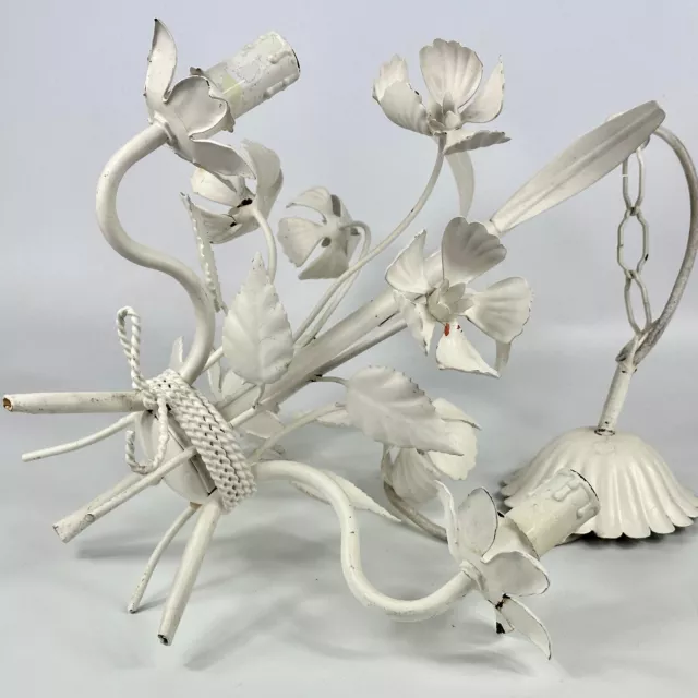 Vintage French 3 Arm White Toleware Chandelier Ceiling Light with Metal Flowers