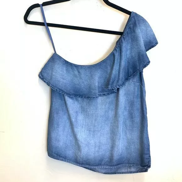 Anthropologie Cloth & Stone Blue Chambray Ruffle One-Shoulder Top Size S