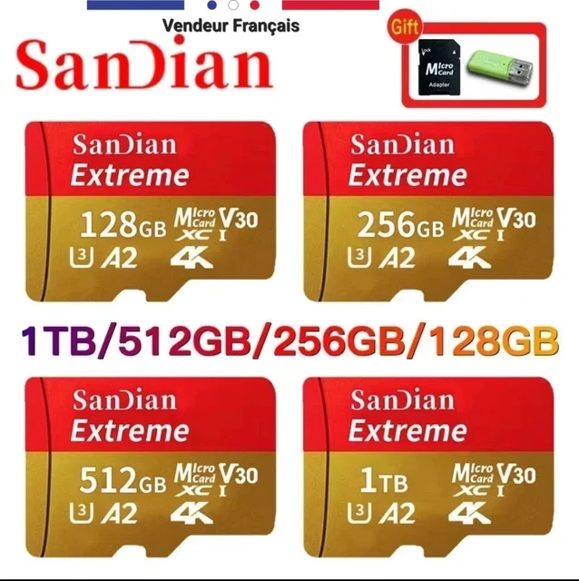 Carte Mémoire Micro SD SanDian Extreme Pro – 2 To (ou 128, 256, 512 Go) – Haute Vitesse Class 10