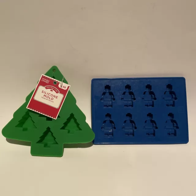 Lego Man Mini-Figure Silicone Mold Tray Blue Candy Ice Cubes, Jello + Xmas Tree