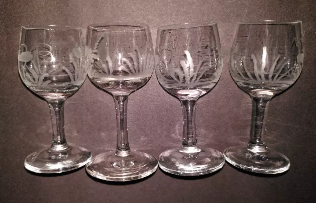 Vintage liqueur stemmed glasses x4 Etched Clear 7.5cm high Very good condition