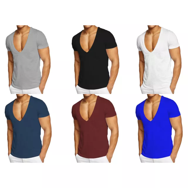 Mens Deep V-Neck Shirts Low Cut Stretch Basic Cotton Top Athletic Muscle T-Shirt