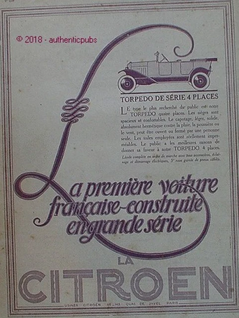 Publicite Citroen Voiture Francaise Torpedo 4 Places De 1922 French Ad Pub Rare