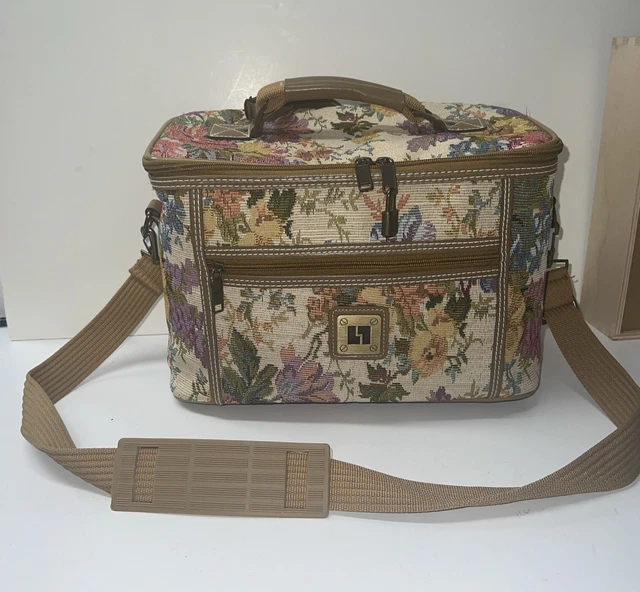 Vintage LEISURE Luggage Travel Bag Floral Tapestry Make Up Train Case 8x13”