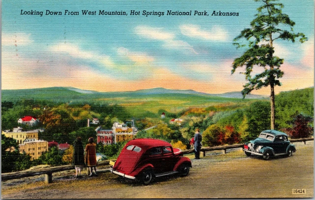 Vtg 1940s Looking Down from West Mountain Hot Springs National Park AR Postcard