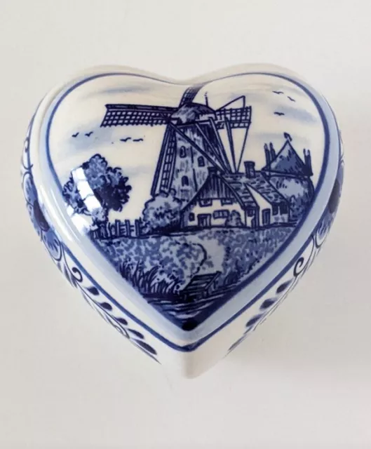 Delft Blue Holland Hand painted Pottery Windmill Scene Heart Shaped Trinket Box