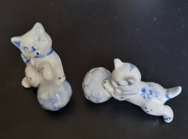 Vintage Blue & White Kittens with Ball Ceramic Figurines, Two Kittens