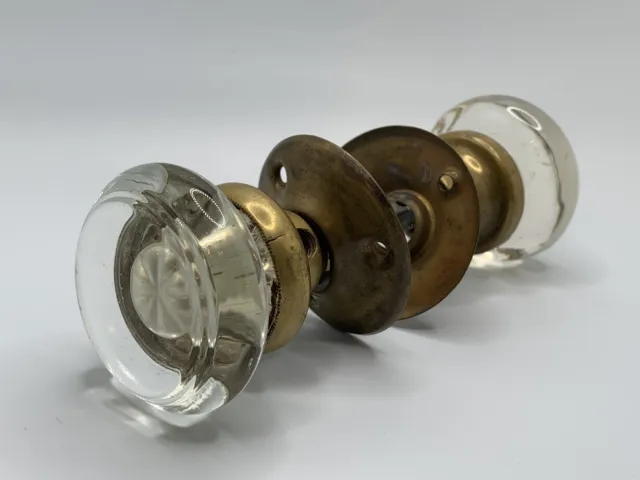Door Knob Set 2 Round Knobs - Brass Trim Paint Spills Vintage Clear Glass Heavy