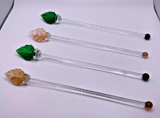 Vintage Leaf Glass Swizzle Sticks Drink Stirrers Set of 4 Peach Green 8”