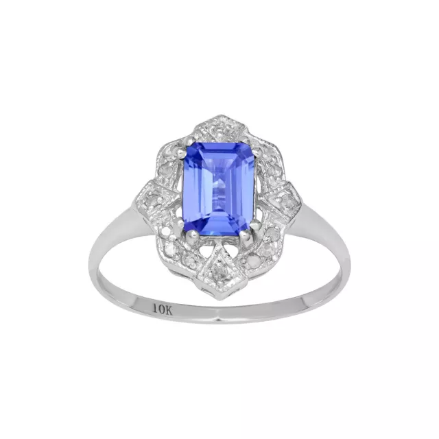 10k or Blanc Style Vintage Véritable Coupe Émeraude Tanzanite et Diamants Bague