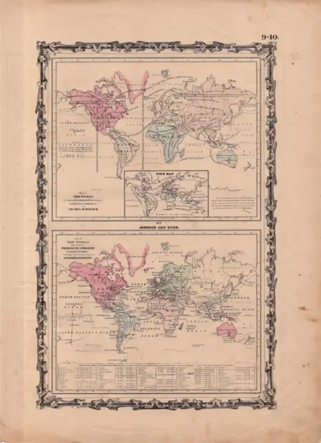 1864 Johnson Atlas Map Of The World-Animal Kingdom & Industry-Hand Colored