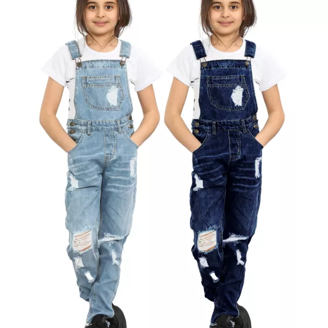 Kids Girls Denim Dungaree Full Length Ripped Jeans Overall Fashion Jumpsuit