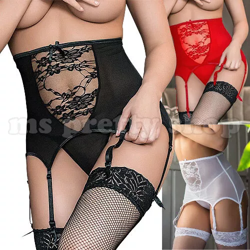 High Waist See Thru Lace Sheer Sexy 6 Strap Suspender Garter Belt & String Thong