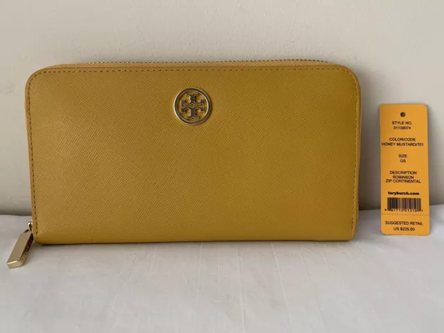 NWT 100% Auth Saffiano Tory Burch Robinson Zip Around Wallet, Honey Mustard/Gold