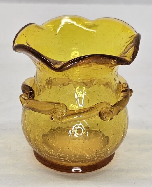 Crackle Glass Vintage Miniature Yellow Amber Gold Vase Bowl With Applied Ribbon