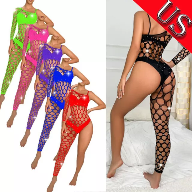 US Womens Fishnet Stockings Sexy Sheer Mesh Lingerie Babydoll Bodysuit Nightwear