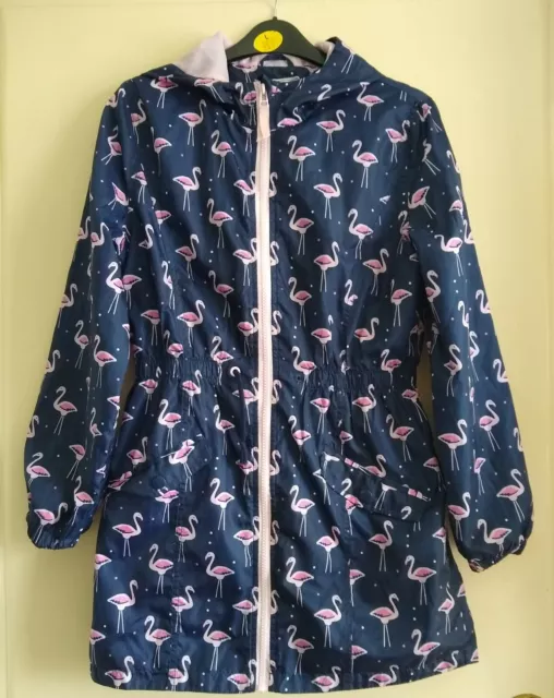 M&S Girls Navy Flamingo Showerproof Raincoat Age 11-12 Years