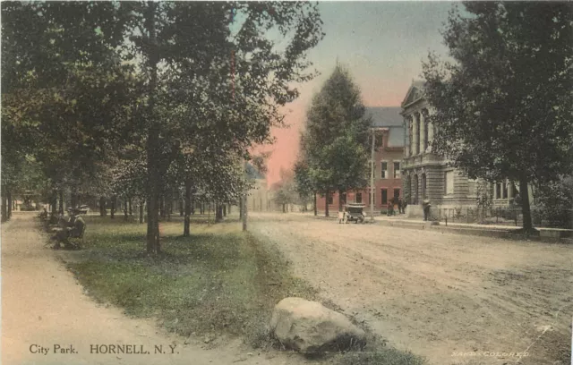 Hand-Colored Postcard; City Park, Hornell NY Street Scene, Unposted Albertype