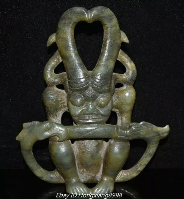 9'' China HongShan Culture Natural HeTian Jade Dragon hook Birds Sun-God Statue