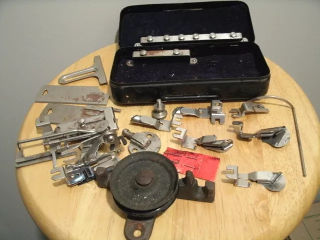 Vintage Greist White Rotary Sewing Machine Attachments In Metal Box Plus Extras