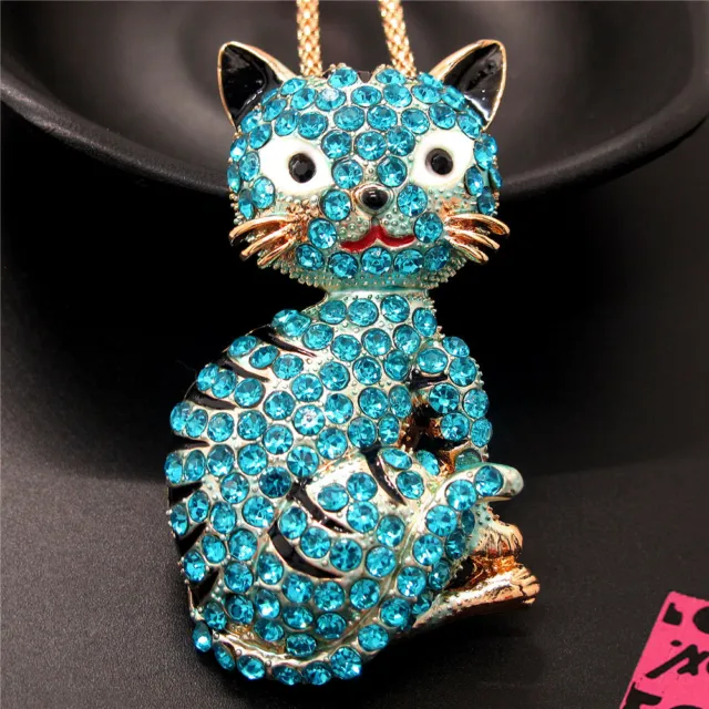 Betsey Johnson Blue Bling Rhinestone Cute Cat Crystal Pendant Chain Necklace
