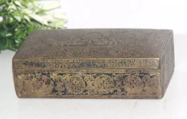 1930's Old Brass Fine Floral Engraved Lacquer Cigar/ Cigarette Box, Rich Patina