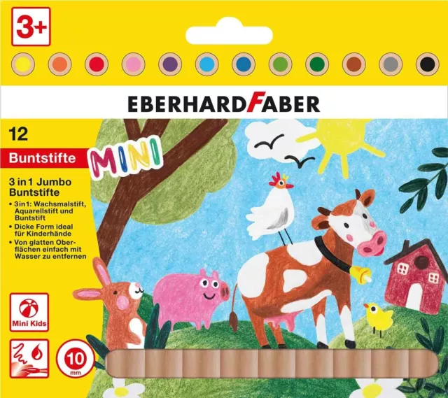 Eberhard Faber 518912 Mini Kids Jumbo Buntstifte 12 Farben 3:1 Wachsmal Aquarell