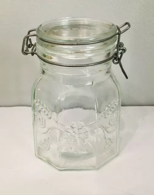 Hermetic Clear Glass  Jar With Hinged Slanted Lid With Flowers Made in Italy Vtg