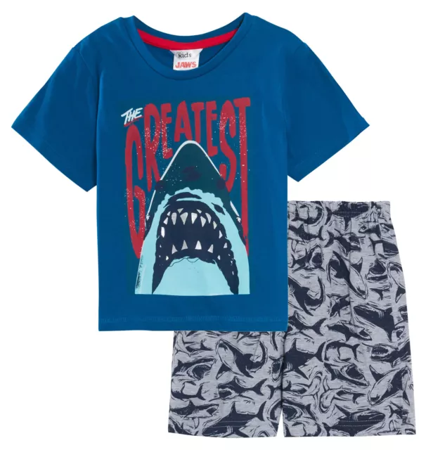 Boys Jaws Luxury Short Pyjamas Kids Shark Shortie Pjs Set Nightwear Shorts + Tee