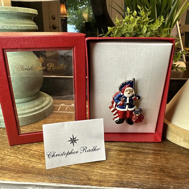 Vintage Christopher Radio Patriotic American Flag Santa Christmas Brooch