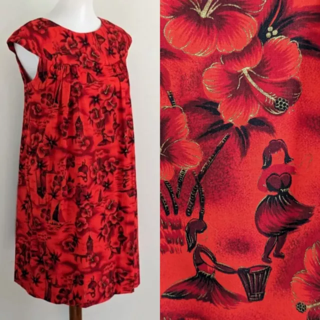 Pristine Vintage 60s Hawaiian Muumuu Dress Red Hibiscus Floral Aloha Kaftan S