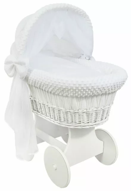 White Wicker Wheels Crib/baby Moses Basket + Complete Bedding White/dimple