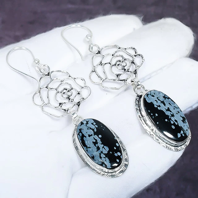 Snowflake Obsidian Gemstone 925 Sterling Silver Jewelry Earring 2.76 " G285