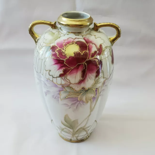 Antique Imperial NIPPON Gorgeous Hand Painted Vase Urn Flowers Gold Gilt Beaded