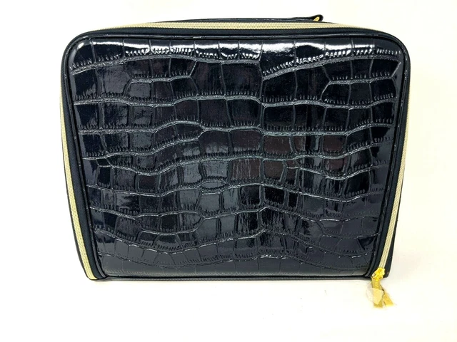 Estee Lauder Navy Blue Faux Crocodile Embossed Make-up Travel Bag Train Case Zip