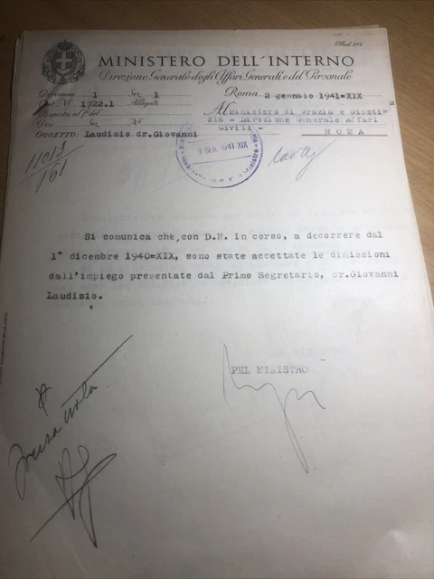 Vecchio Documento 1940 Ministero Dell’interno