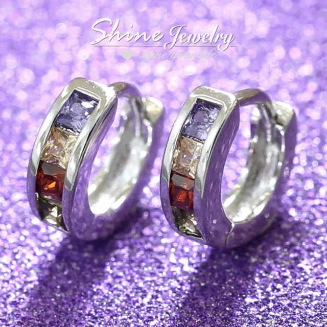 18K White Gold Gf Amethyst Citrine Rainbow Crystals Small Hoop Sleeper Earrings