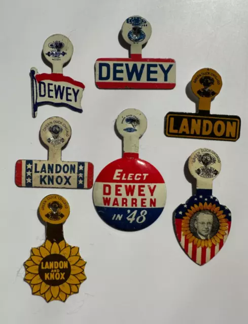 Lot of 7 '36 | '48 Landon Dewey Presidential Political Campaign Button Pin Tabs