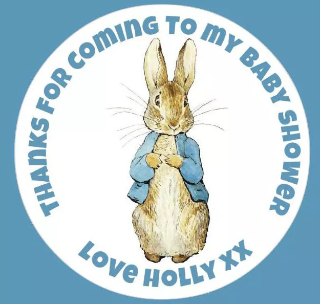 Personalised Round Baby Shower Blue Peter Rabbit Party Stickers Labels Seals