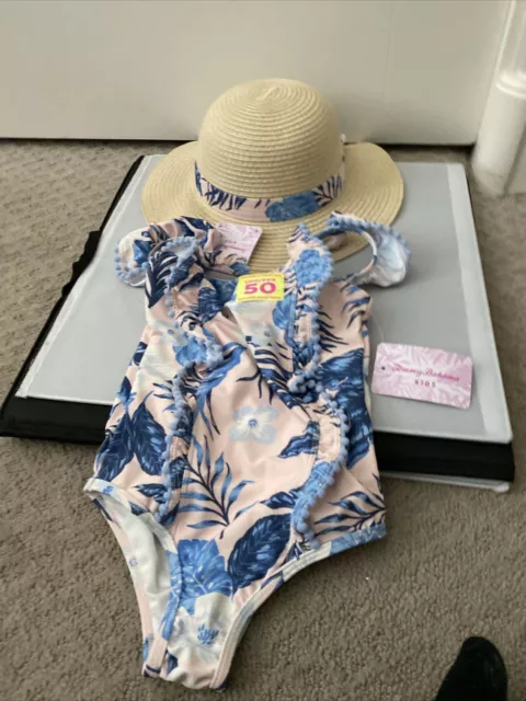 NEW Tommy Bahama Girl’s Size 4T Blue Swimsuit Bathing Suit One Piece With Hat