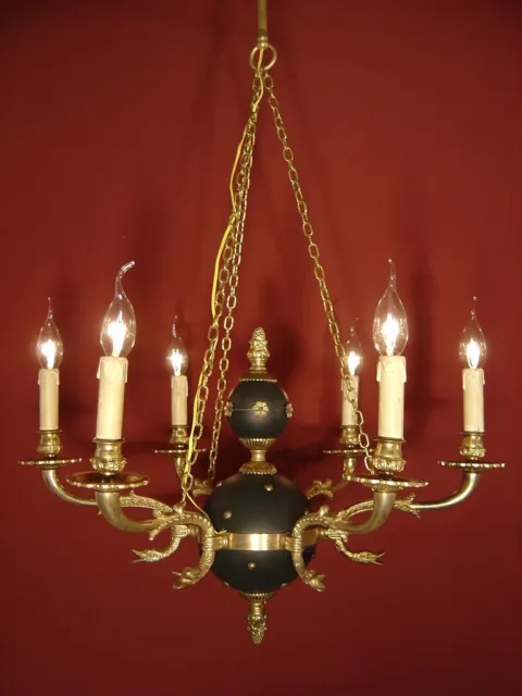 Fine Dark Green Varnish French Empire Chandelier Ceiling Lamp Used 6 Light Ø 24"