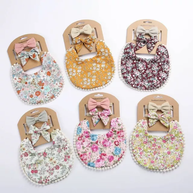 Baby Headband Tassel Towel Floral Print Newborn Double Side Bibs Boys Girls Band