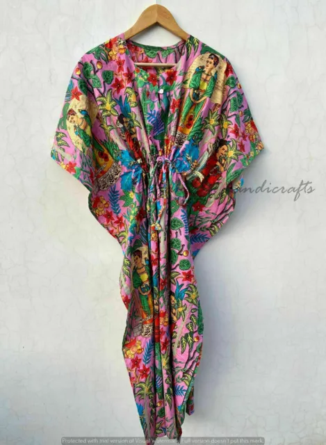 Indian Pink Frida Kahlo Print Cotton Hippie Maxi Women Nightwear Caftan Dress