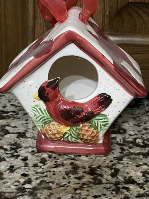 Beautiful 4” Hanging Ceramic Red  Bird House By Flomo