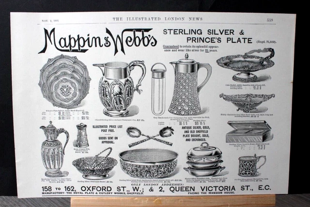 1895 Antique Advert 'MAPPIN & WEBB'S STERLING SIVER & PRINCE'S PLATE' 11.5" x 8"