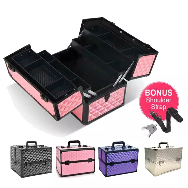 Portable Beauty Makeup Cosmetic Case Organiser Carry Bag Box Diamond w/ Strap