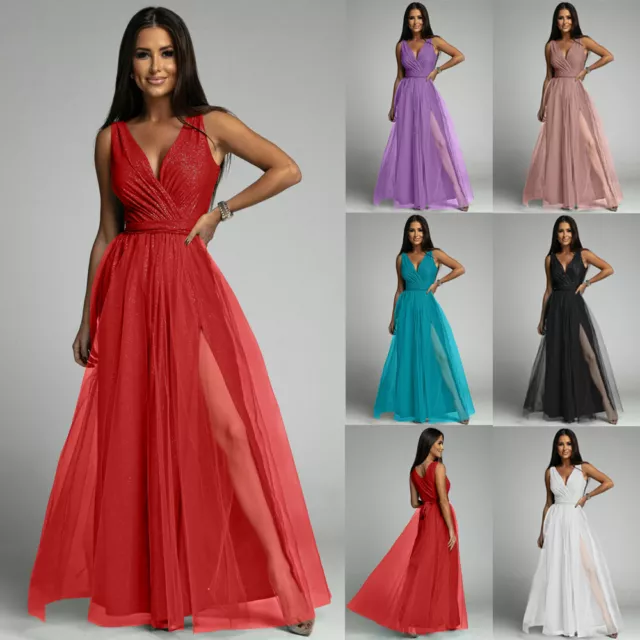 Ladies Glitter V Neck Evening Party Prom Cocktail Long Split Dress Dresses Size