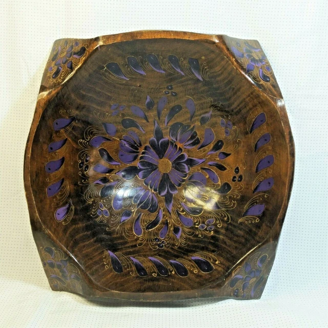 VTG Lacquered Wood Bowl 12" Hand-Painted Floral Purple Gold Folded-Edges